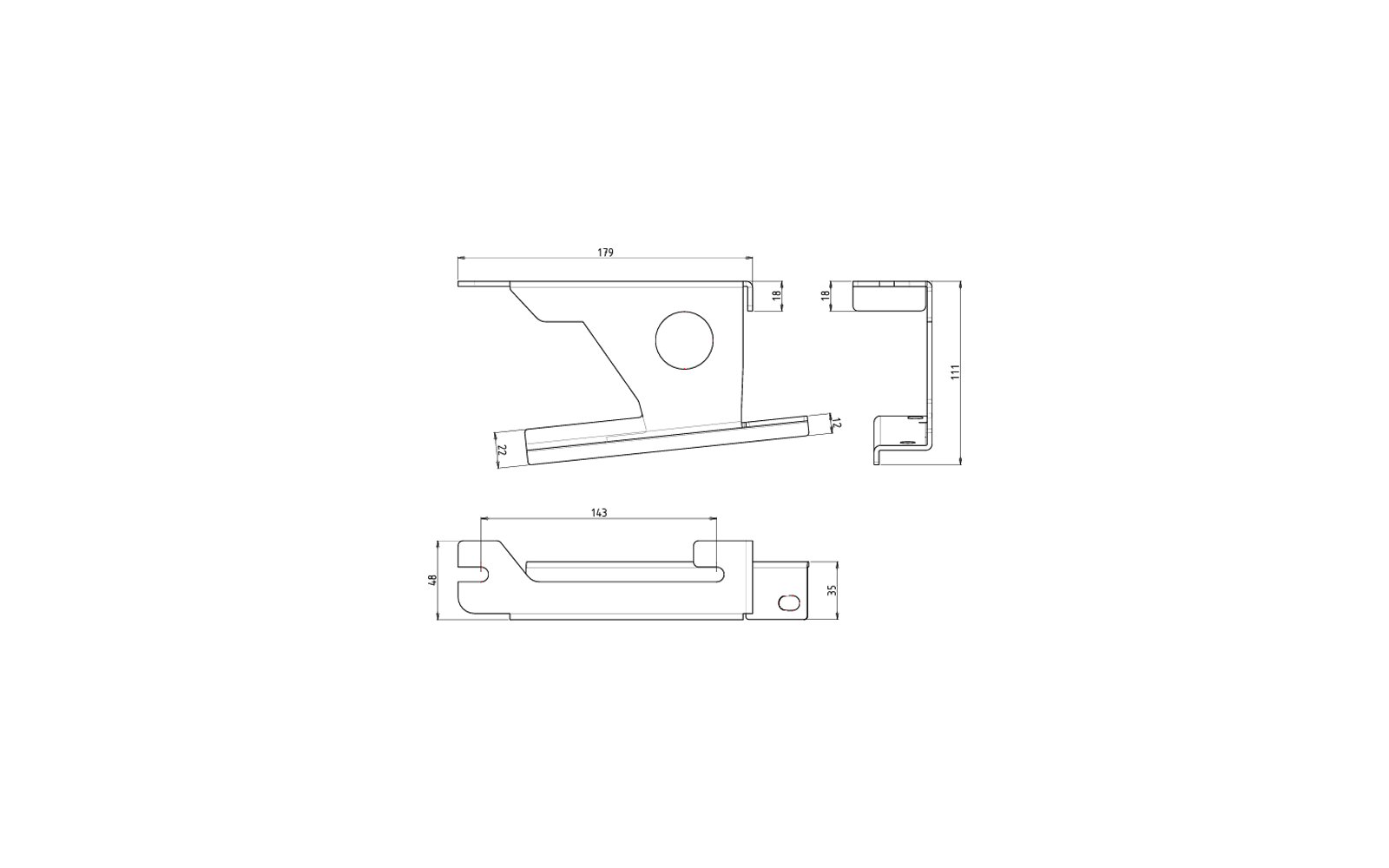 Drei technische Ansichten eines Bauteils: Seiten-, Front- und Aufsicht; rechteckiges Profil mit schräger Ausformung, rundes Loch, länglicher Schlitz und Maßangaben (179, 143, 111, 35)