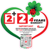 Hartvormig etiket met groen-rode rand, grote rode "2+2" tekst, tekst "4 YEARS WARRANTY", lieveheersbeestje op klaverblad, QR-code, kleine tekst "IMPORTANT REGISTER YOUR PRODUCT NOW WE GIVE YOU 2 YEARS OF ADDITIONAL WARRANTY", logo "cfparker" en tekst "made in italy"