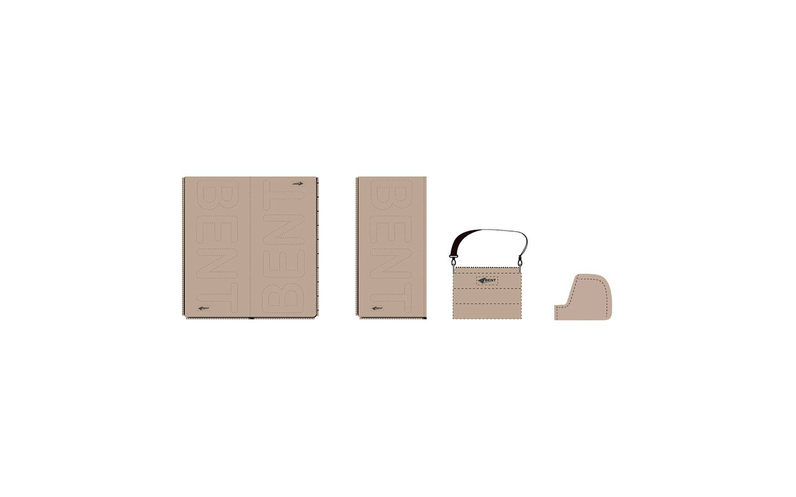 Quatre accessoires en cuir beige clair côte à côte : deux housses rectangulaires de tailles différentes avec lettres embossées 'BENT', un sac carré zippé avec bandoulière et une petite pochette ronde pour pièces