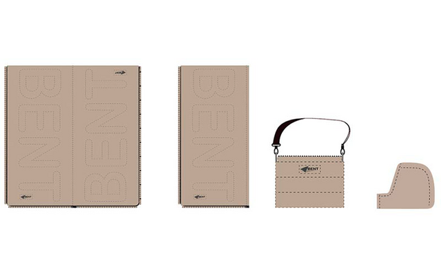 Quatre accessoires en cuir beige clair côte à côte : deux housses rectangulaires de tailles différentes avec lettres embossées 'BENT', un sac carré zippé avec bandoulière et une petite pochette ronde pour pièces