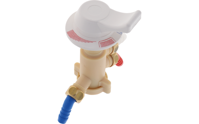 Beige Kunststoffbauteil mit rundem weißen Hebel, roten Markierungen, kleinem roten Knopf, zwei gelblich-goldenen Klemmen und angeschlossenem blauen Schlauch auf weißem Hintergrund