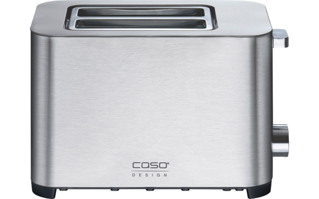 Edelstahl-Toaster mit zwei Schlitzen oben, Hebel und Drehregler rechts, Aufschrift CASO DESIGN vorne