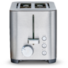 Edelstahl-Toaster mit zwei Schlitzen oben, mittigem Hebel, rundem Drehregler und vier runden Tasten an der Vorderseite
