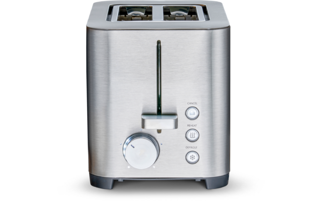 Edelstahl-Toaster mit zwei Schlitzen oben, mittigem Hebel, rundem Drehregler und vier runden Tasten an der Vorderseite