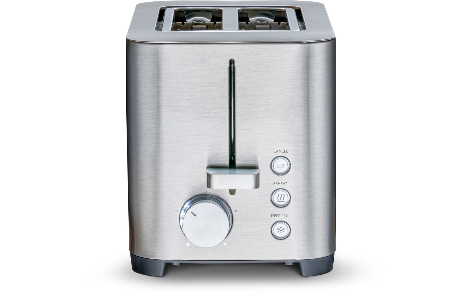Edelstahl-Toaster mit zwei Schlitzen oben, mittigem Hebel, rundem Drehregler und vier runden Tasten an der Vorderseite