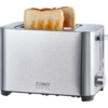 Edelstahl-Toaster mit zwei teilweise eingesteckten Toastscheiben und Aufschrift CASO