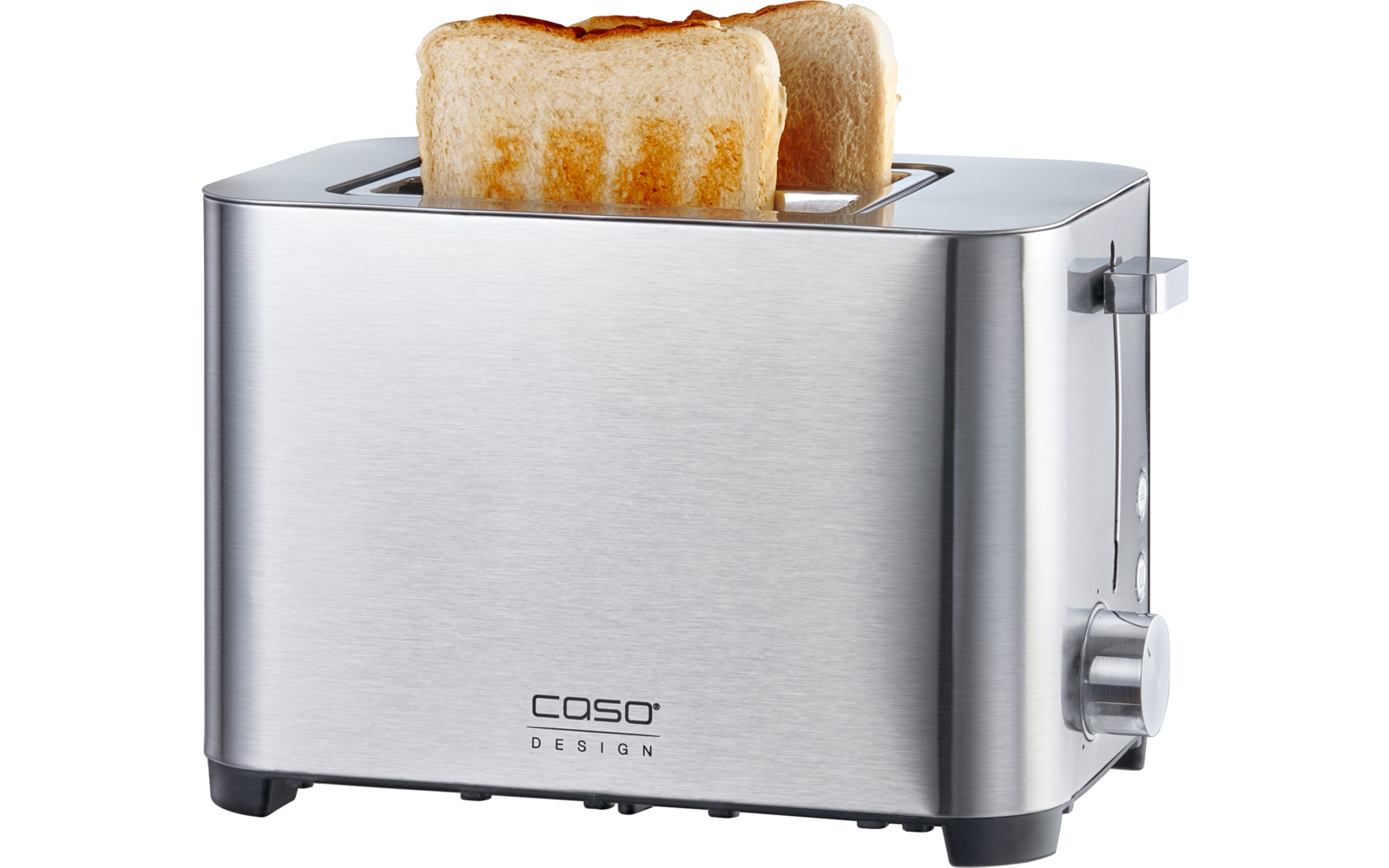 Edelstahl-Toaster mit zwei teilweise eingesteckten Toastscheiben und Aufschrift CASO