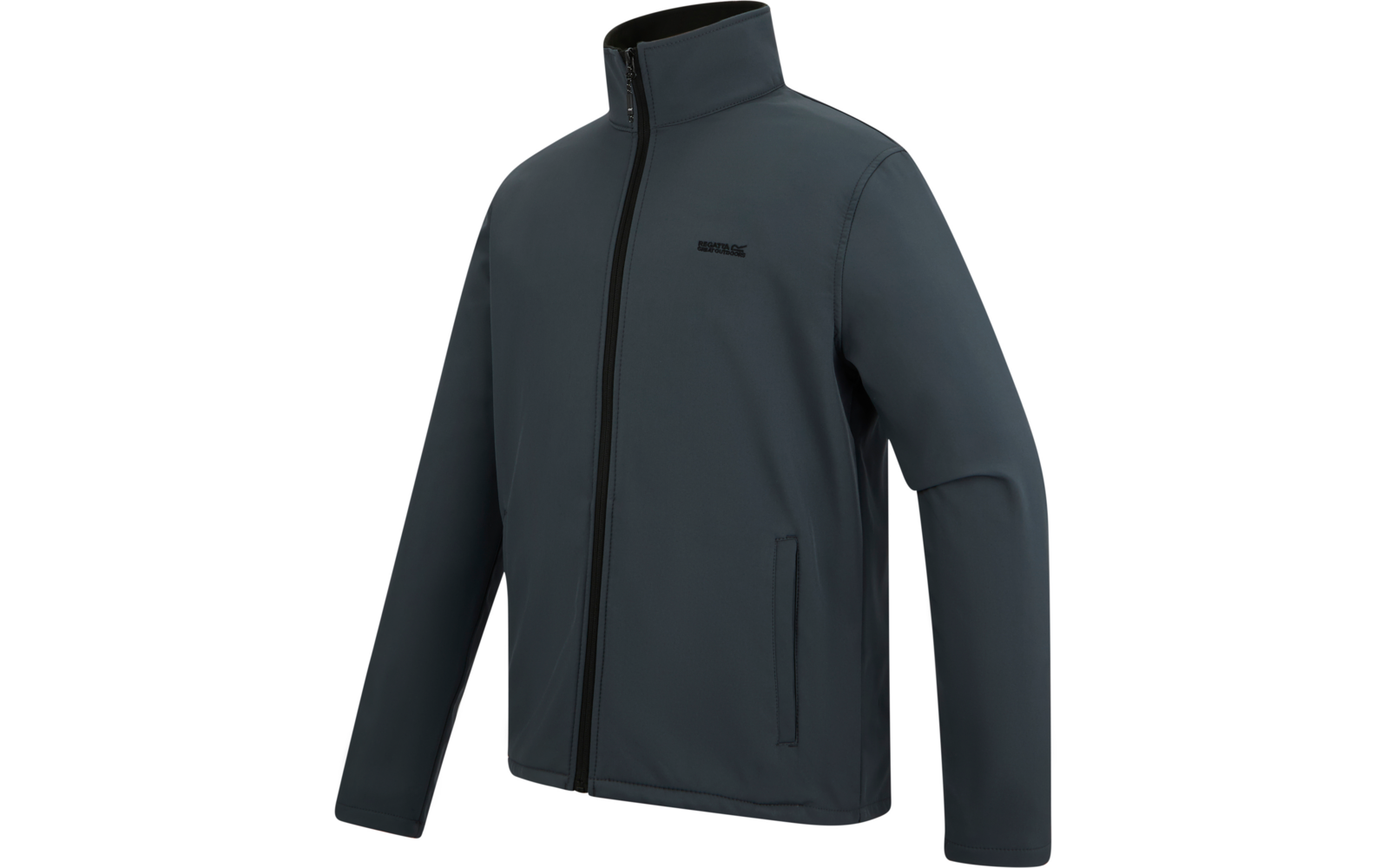 Dunkelgraue Jacke mit Stehkragen, durchgehendem Reißverschluss, zwei seitlichen Eingrifftaschen und kleinem Logo auf der Brust