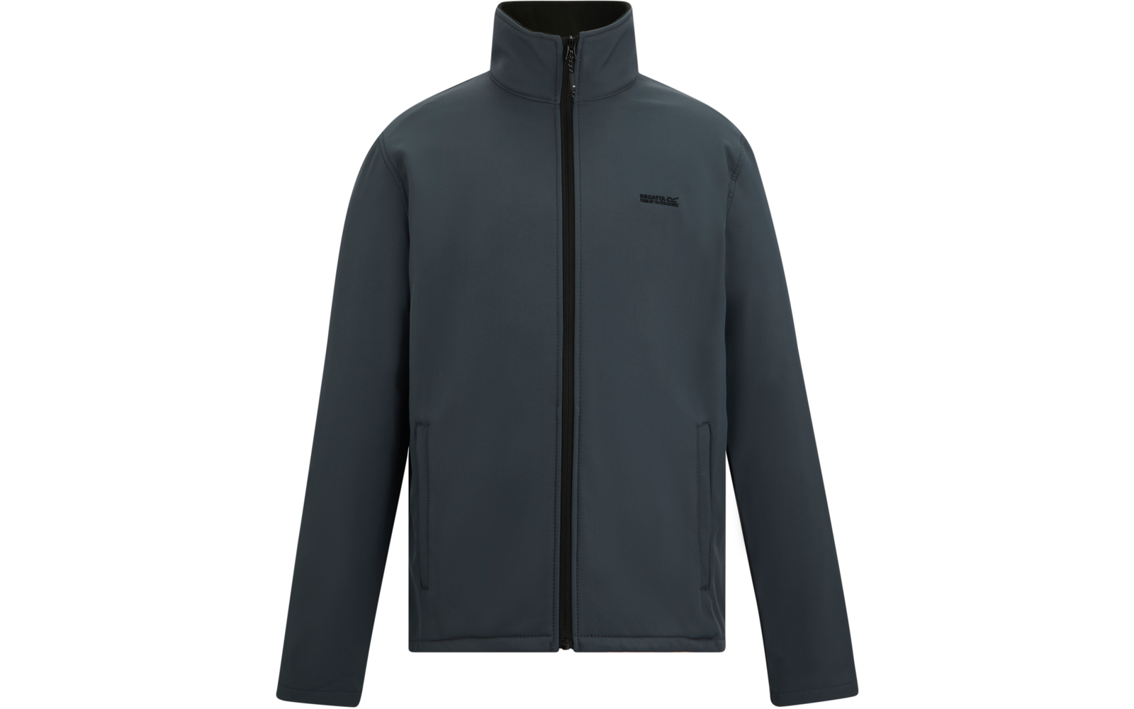 Dunkelgraue Softshelljacke mit Stehkragen, durchgehendem Reißverschluss, zwei seitlichen Reißverschlusstaschen und kleinem Logo auf der Brust