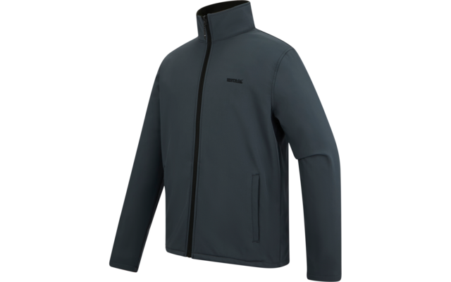 Dunkelgraue Jacke mit Stehkragen, durchgehendem Reißverschluss, zwei seitlichen Eingrifftaschen und kleinem Logo auf der Brust