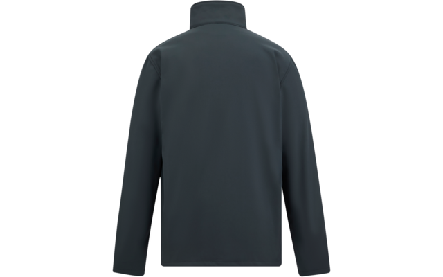 Dunkelgraue Jacke, Rückansicht, Stehkragen, lange Ärmel, gerader Saum, einfarbiges Material, weißer Hintergrund