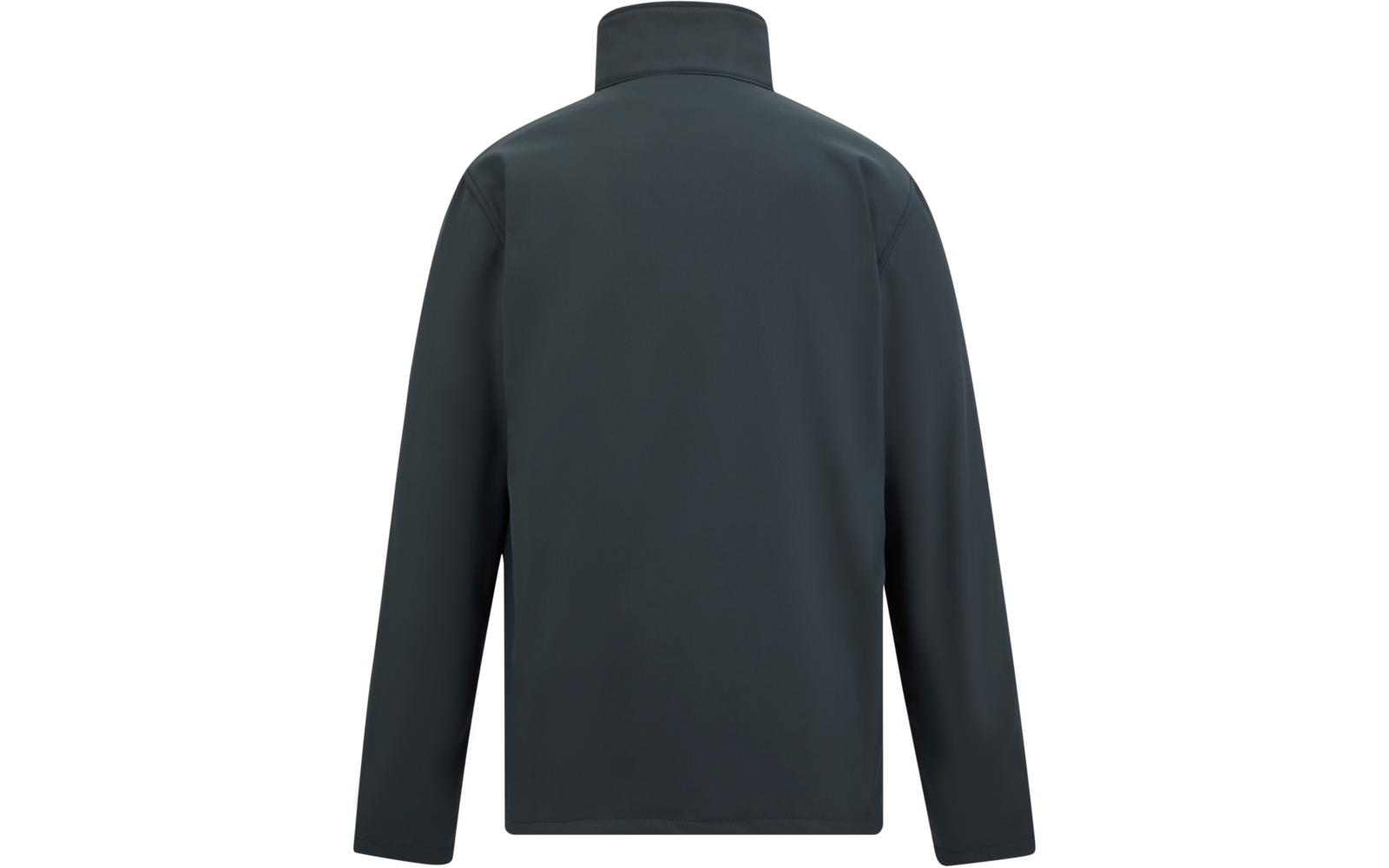 Dunkelgraue Jacke, Rückansicht, Stehkragen, lange Ärmel, gerader Saum, einfarbiges Material, weißer Hintergrund