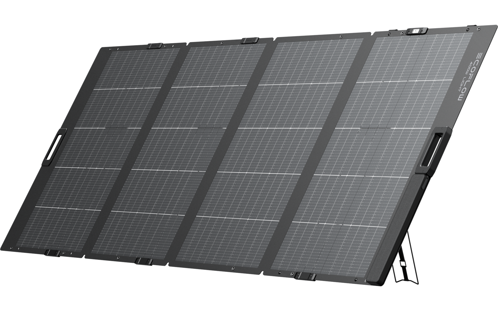 Vier aan elkaar verbonden rechthoekige zwarte zonnepanelen op een uitgeklapte standaard, zichtbare handgrepen en aansluitpoorten
