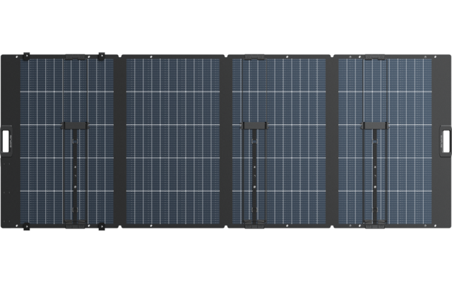 Vier donkerblauwe rechthoekige panelen met zichtbaar cellenpatroon naast elkaar in een open zwart inklapbaar frame met zichtbare scharnieren en bevestigingen