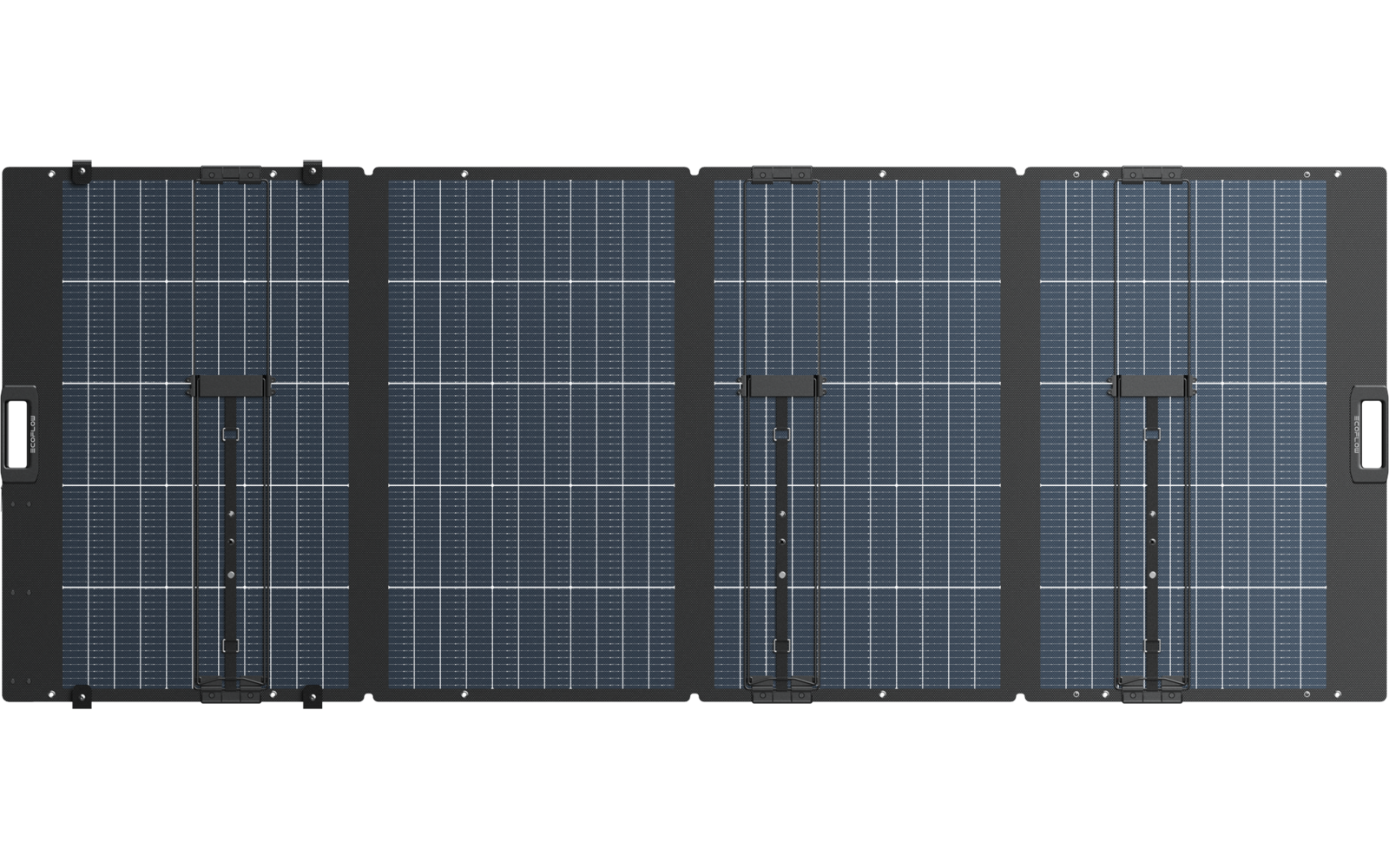 Vier donkerblauwe rechthoekige panelen met zichtbaar cellenpatroon naast elkaar in een open zwart inklapbaar frame met zichtbare scharnieren en bevestigingen