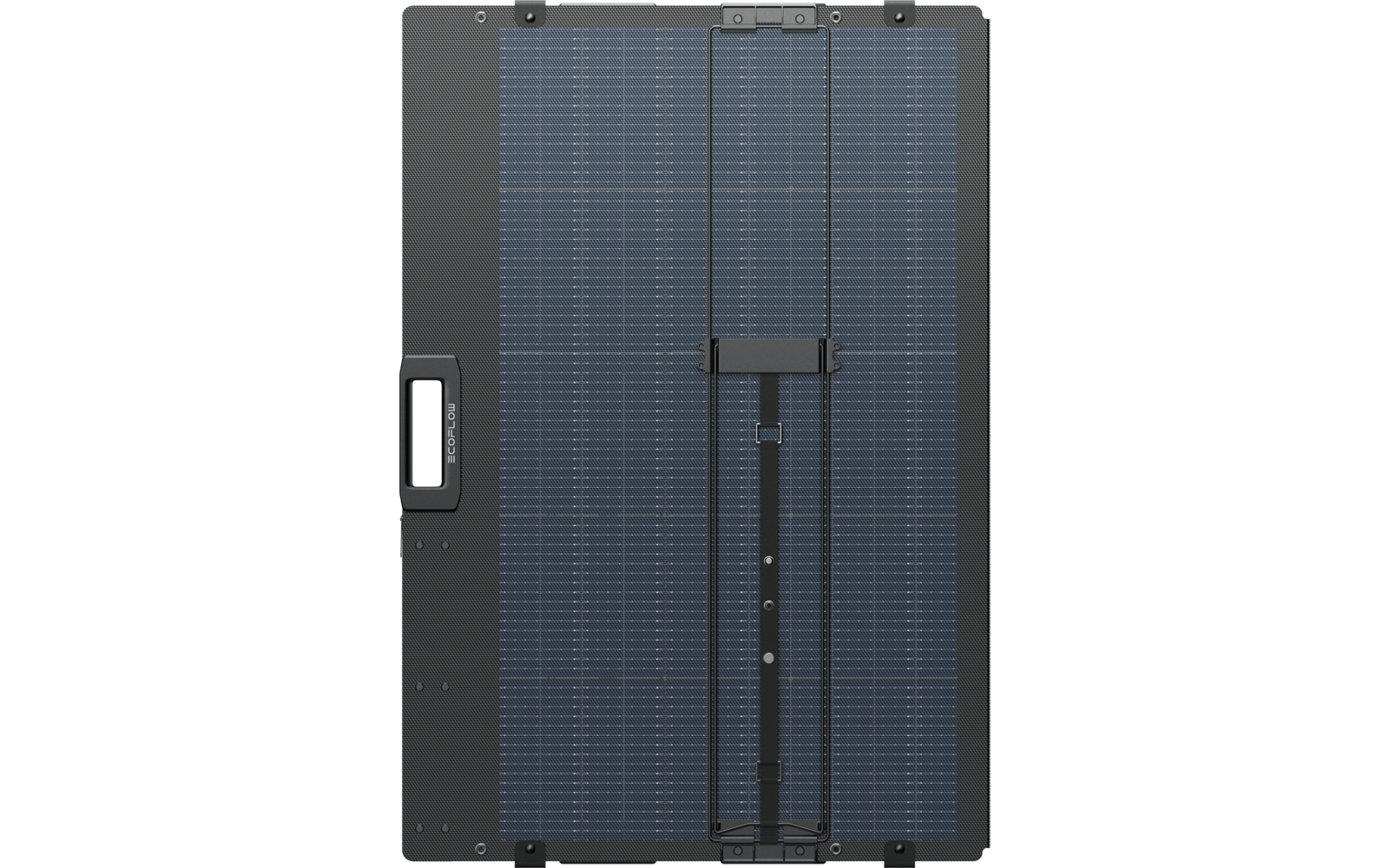 Rechthoekig donkerblauw vlak met een regelmatig raster van kleine rechthoekige cellen, donkergrijze rand, centrale scharnier-/vouwlijn, twee verticale riemen met gespen, zwarte draaggreep aan de linkerzijde