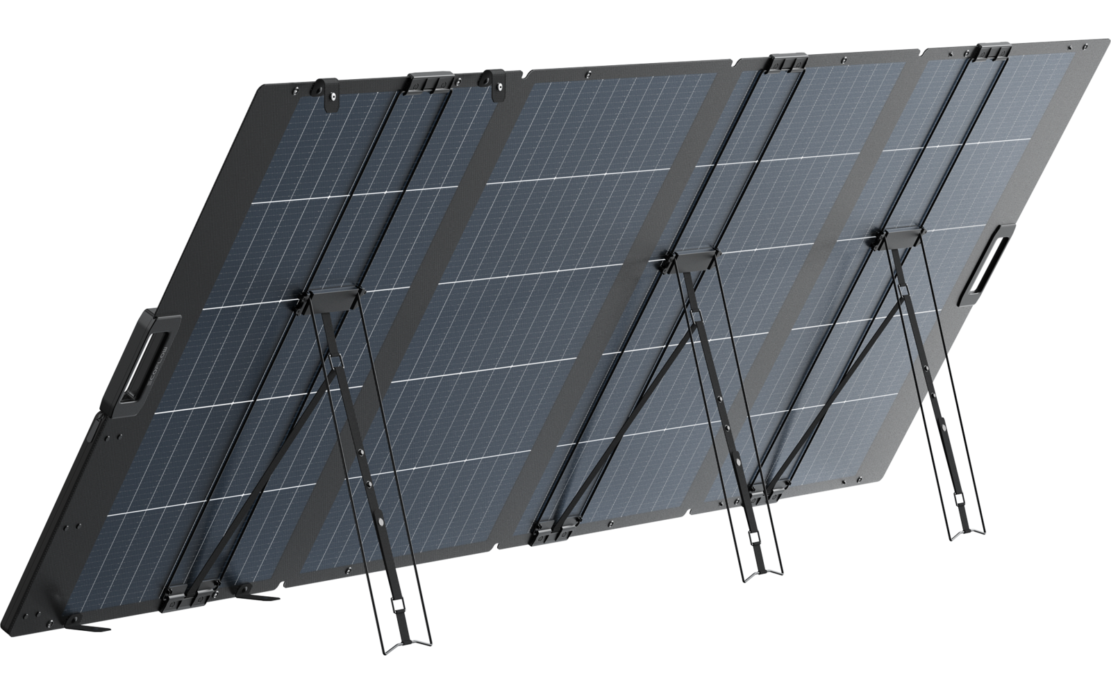 Drie gekantelde zonnepanelen gemonteerd op een metalen frame met ondersteuningspoten