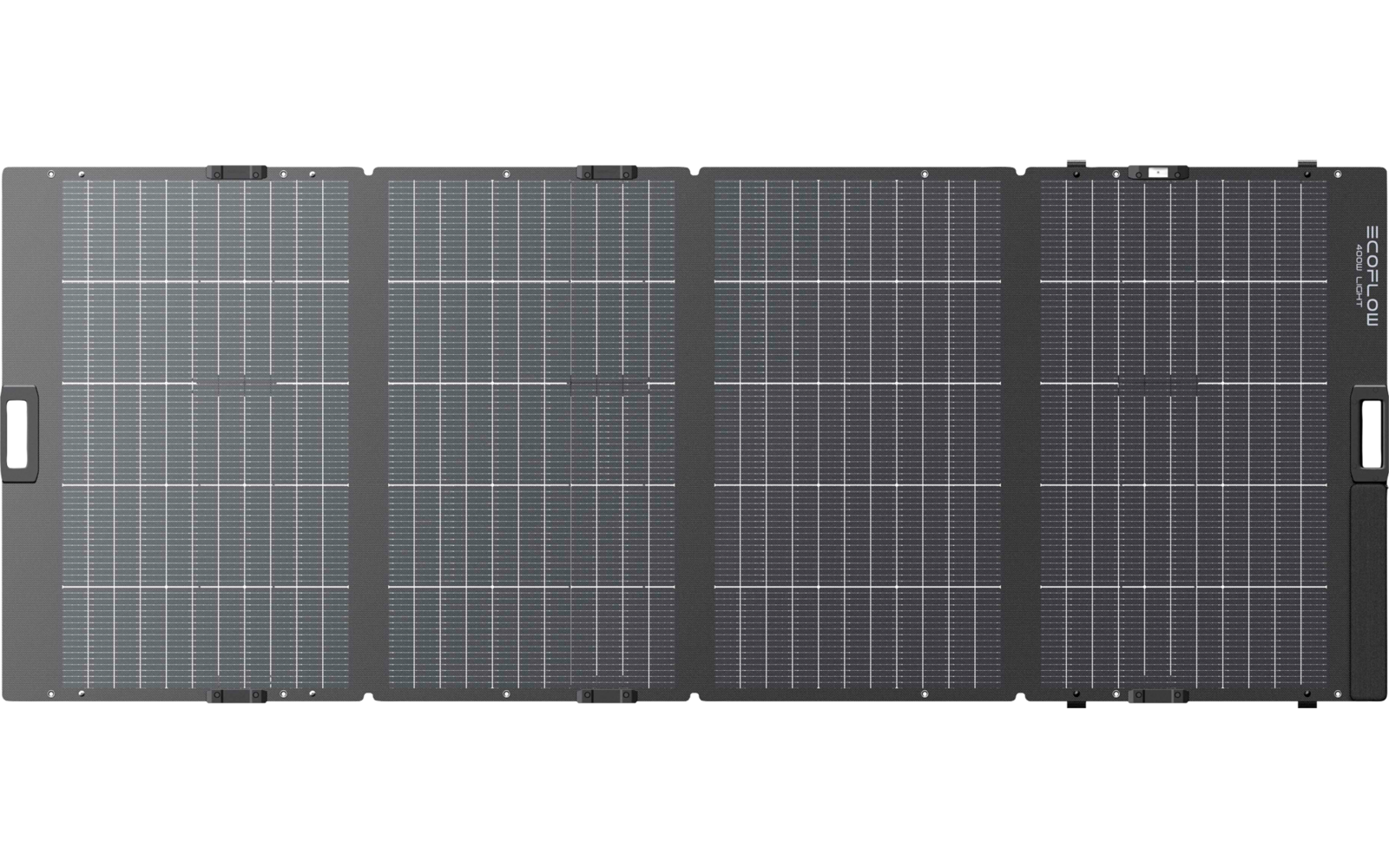 Vier verbonden rechthoekige donkergrijze zonnepanelen met zichtbare cellen