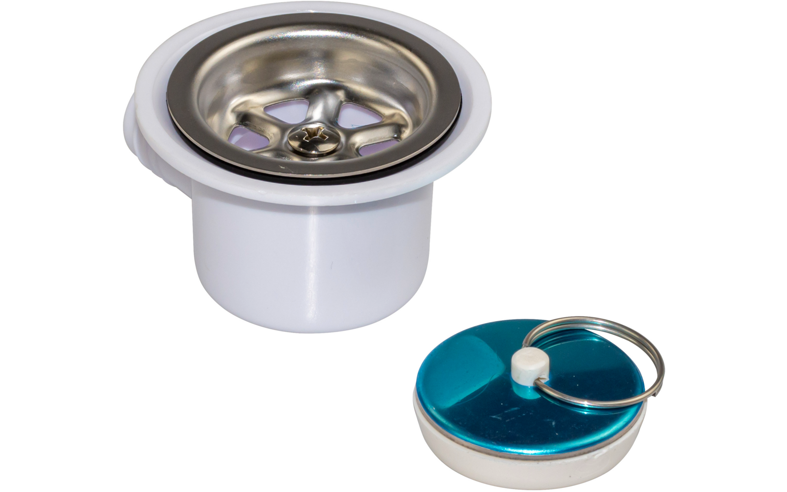 Insert cylindrique en plastique blanc avec une ouverture ronde en métal brillant en haut présentant trois fentes étroites en forme d'étoile ; à côté, un objet rond et plat bleu avec un bouton blanc central et un anneau métallique