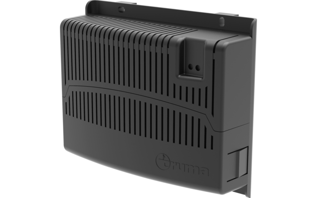 Dunkelgraues, rechteckiges Kunststoffgehäuse mit horizontalen Lüftungsschlitzen, Montageplatte oben mit zwei Schraublöchern, zwei runde Öffnungen in einer Aussparung und „Truma“-Logo unten rechts