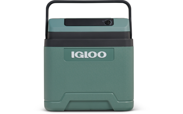 Grüne Kühlbox mit weißem IGLOO-Logo, schwarzem Tragegriff und Deckel mit Verriegelung