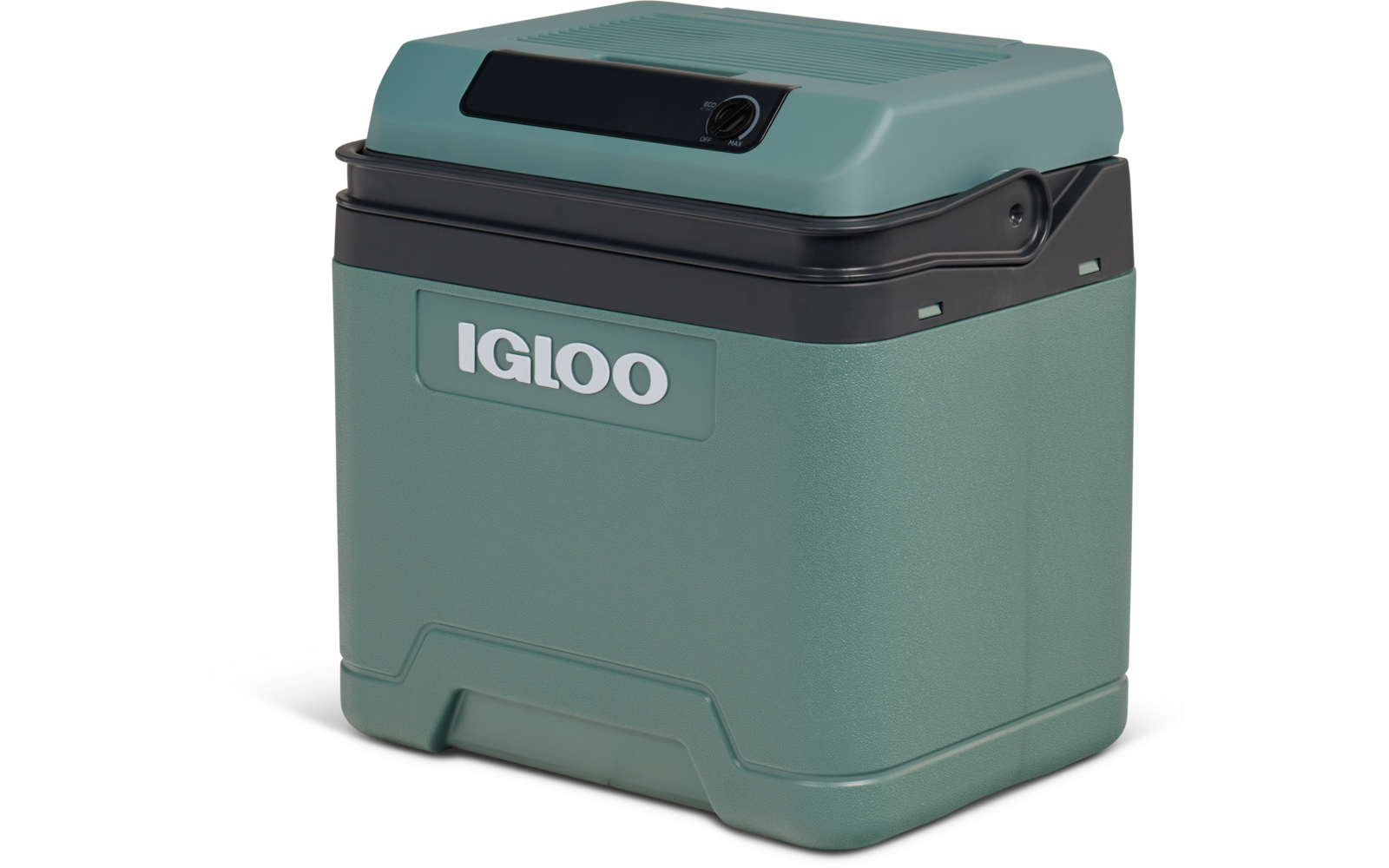 Türkisgrüne Kühlbox mit schwarzem Deckel, Bedienfeld, Tragegriff und Schriftzug "IGLOO" auf der Vorderseite