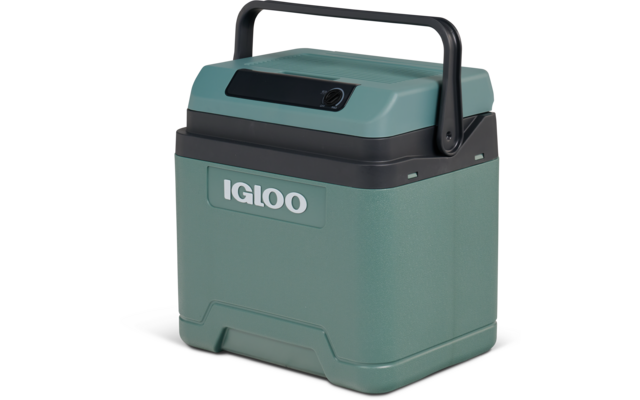 Türkisgrünes Kunststoffbehältnis mit weißer Aufschrift 'IGLOO', schwarzem Tragegriff oben, schwarzem Deckelrand und rundem Knopf vorne
