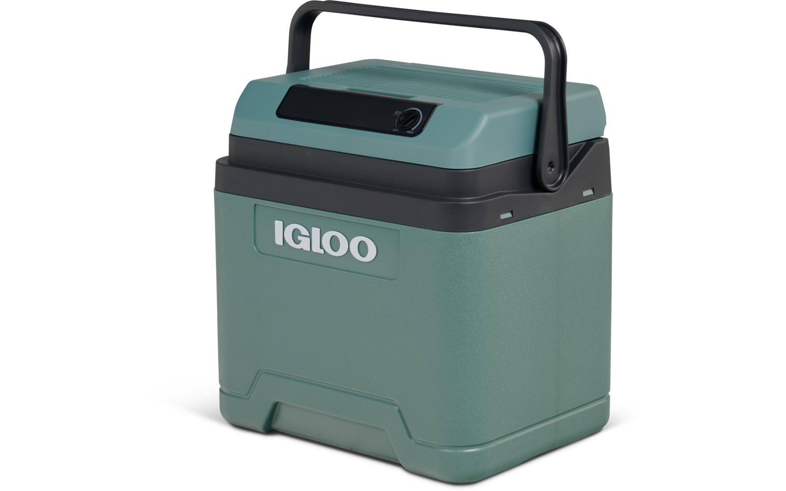 Türkisgrünes Kunststoffbehältnis mit weißer Aufschrift 'IGLOO', schwarzem Tragegriff oben, schwarzem Deckelrand und rundem Knopf vorne