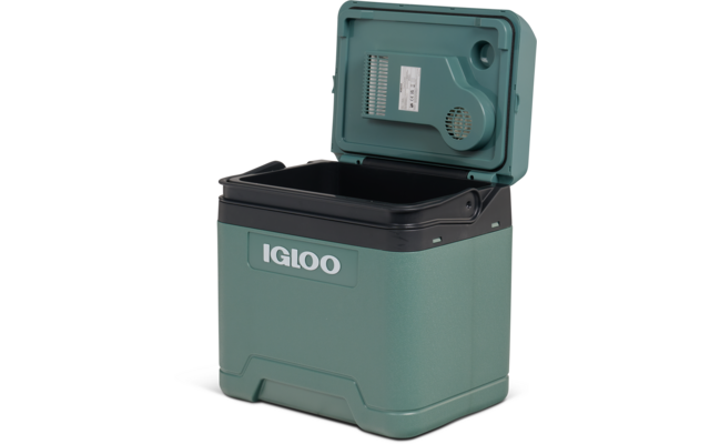 Offene türkisfarbene Kühlbox der Marke IGLOO mit schwarzem Innenraum und geöffnetem Deckel