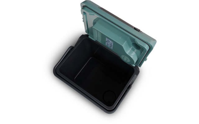 Geöffneter rechteckiger Behälter mit türkisfarbenem Deckel und dunklem Innenraum; im Deckel ein integriertes Fach