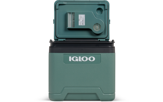 Hellgrün-graue Kühlbox mit geöffnetem Deckel, vorn Schriftzug 'IGLOO', innen Bedienfeld und Lüftungsgitter