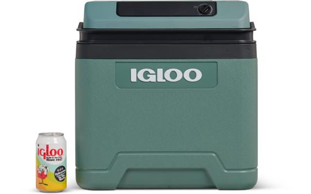 Grüne Igloo-Kühlbox mit schwarzem Deckel und weißem Logo vorne, links daneben eine Dose mit buntem Igloo-Etikett