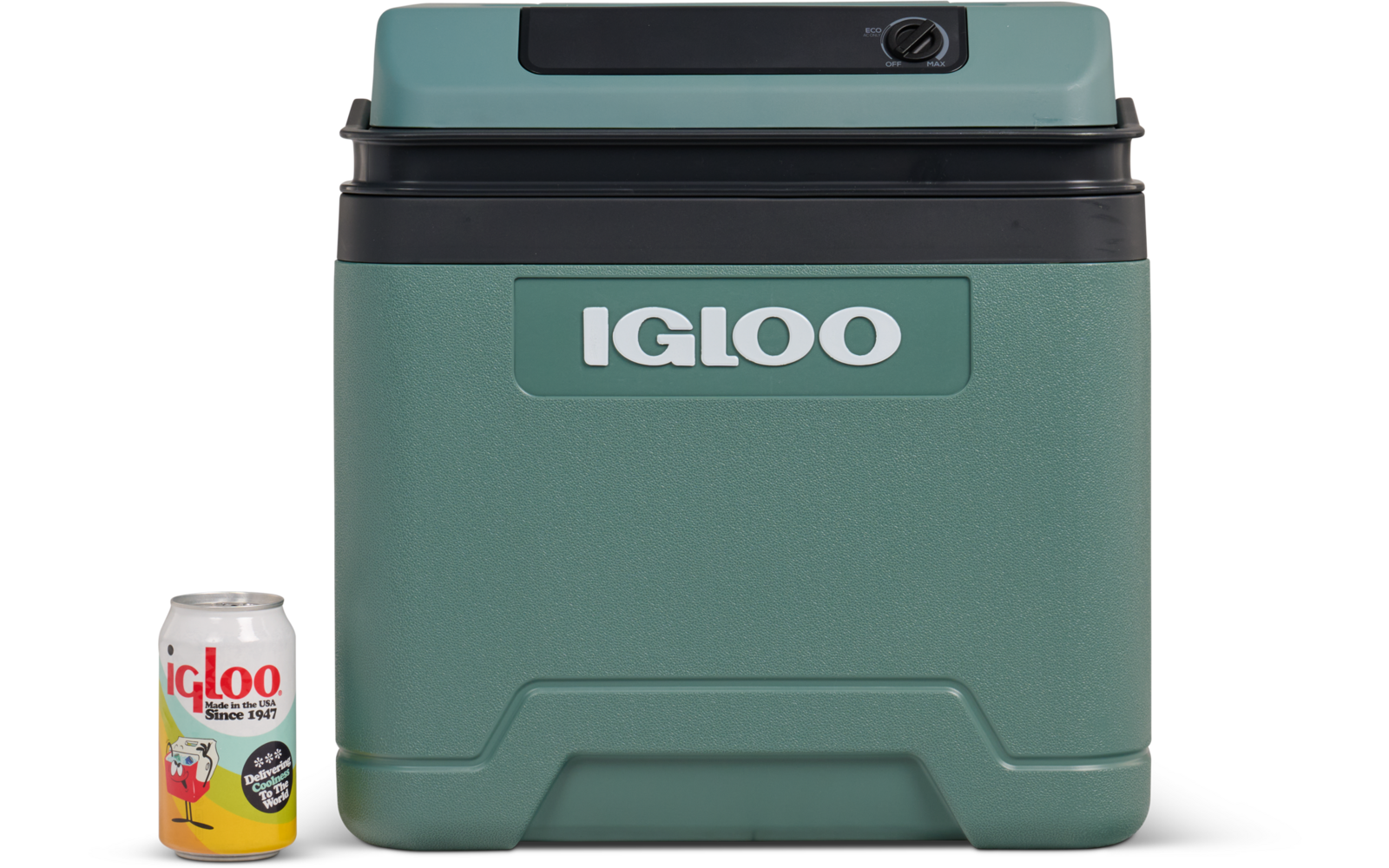 Grüne Igloo-Kühlbox mit schwarzem Deckel und weißem Logo vorne, links daneben eine Dose mit buntem Igloo-Etikett