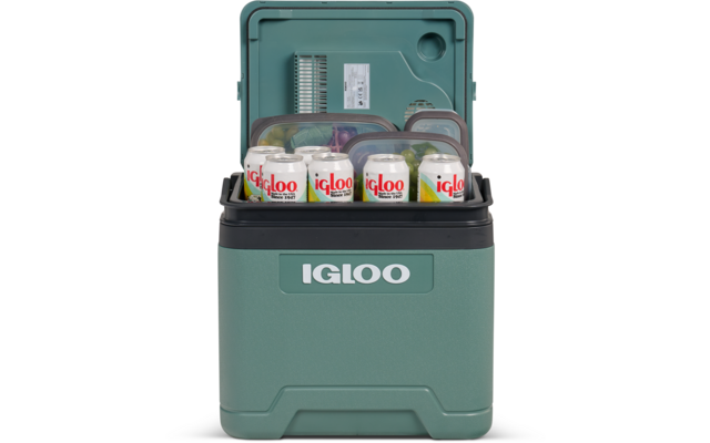 Türkisgrüne Igloo-Kühlbox mit geöffnetem Deckel, vorne drei Becher mit 'igloo'-Logo und dahinter zwei durchsichtige Lebensmittelbehälter