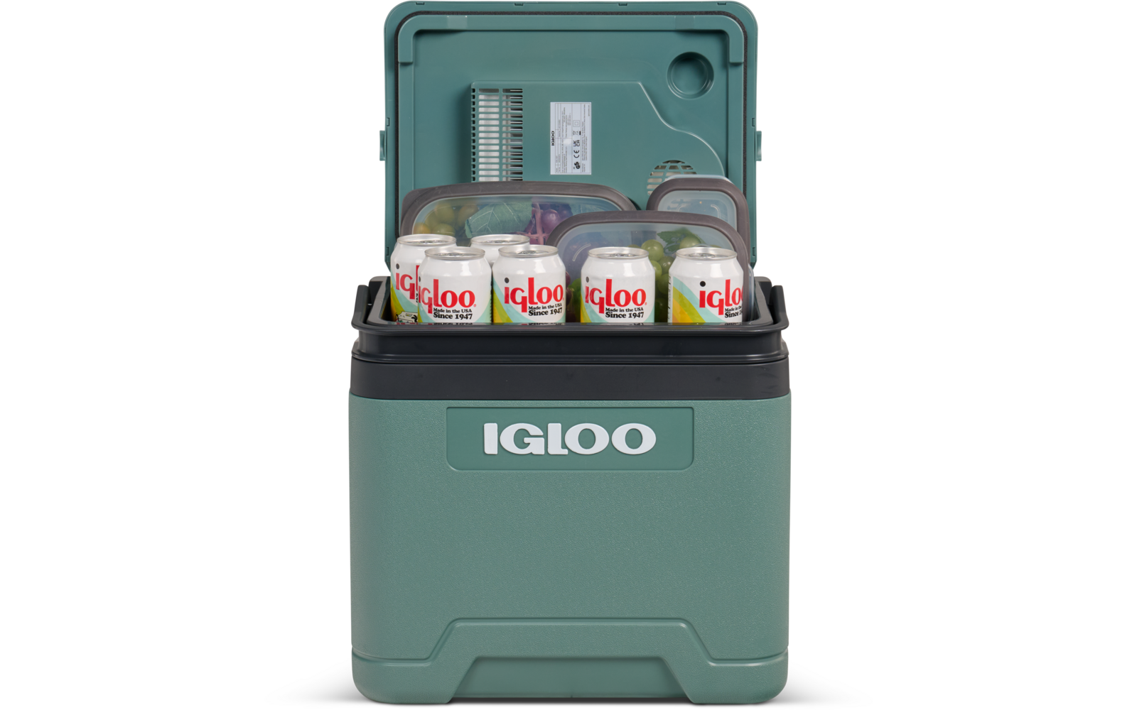 Türkisgrüne Igloo-Kühlbox mit geöffnetem Deckel, vorne drei Becher mit 'igloo'-Logo und dahinter zwei durchsichtige Lebensmittelbehälter