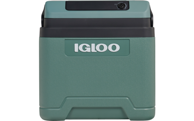 Grüne, rechteckige Kühlbox mit weißem «IGLOO»-Schriftzug und schwarzem Deckel mit rundem Verschluss