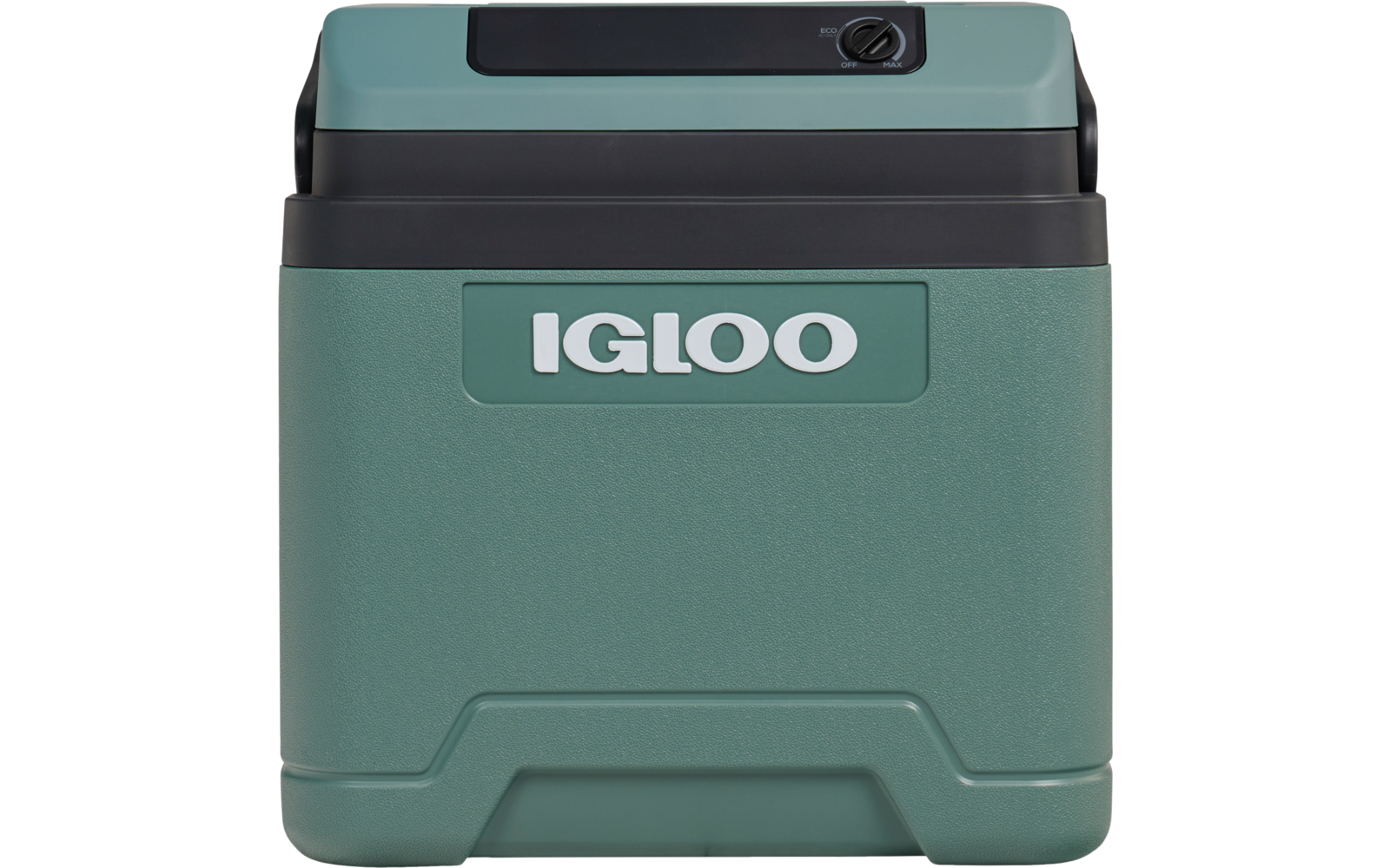 Grüne, rechteckige Kühlbox mit weißem «IGLOO»-Schriftzug und schwarzem Deckel mit rundem Verschluss