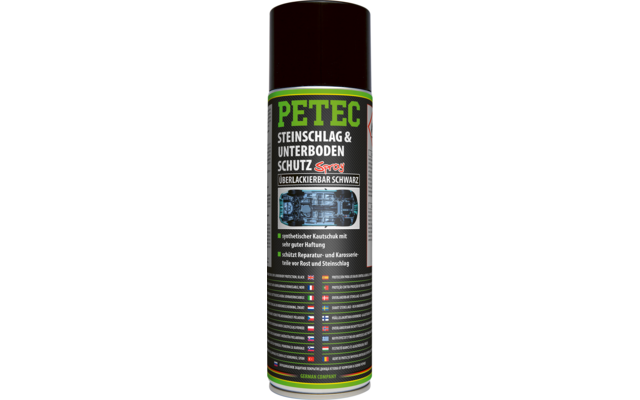 Sprühdose mit schwarzem Deckel und grünem Etikett; darauf die Aufschriften 'PETEC', 'STEINSCHLAG & UNTERBODEN SCHUTZ Spray' und 'ÜBERLACKIERBAR SCHWARZ'