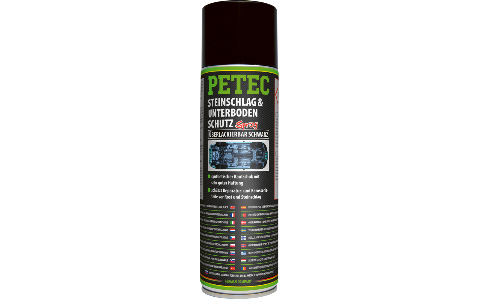 Sprühdose mit schwarzem Deckel und grünem Etikett; darauf die Aufschriften 'PETEC', 'STEINSCHLAG & UNTERBODEN SCHUTZ Spray' und 'ÜBERLACKIERBAR SCHWARZ'