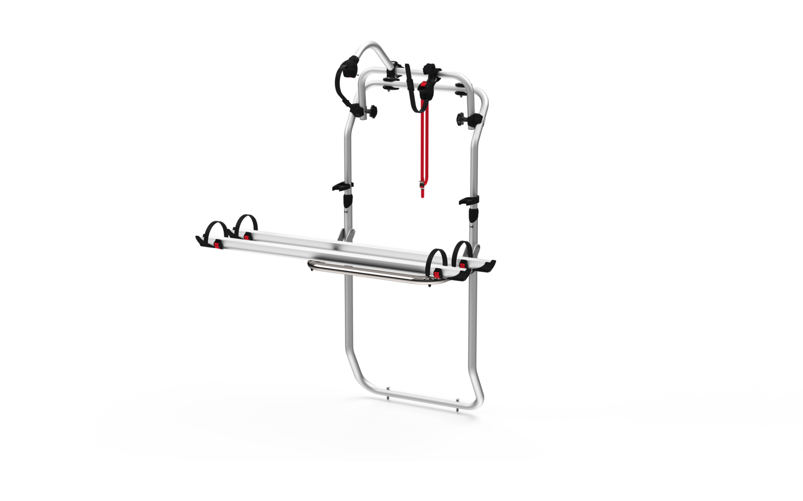 Fahrradheckträger aus Metall mit Halterungen und Gurten, weißer Hintergrund
