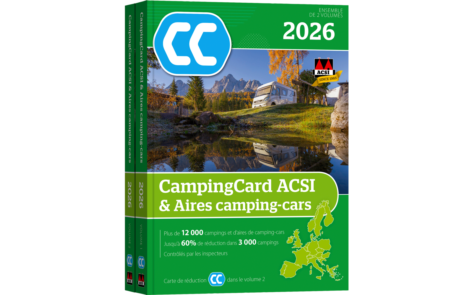 Titelbild des CampingCard ACSI Reiseführers 2026 mit einer Landschaft, Bergen, einem See und Zelten