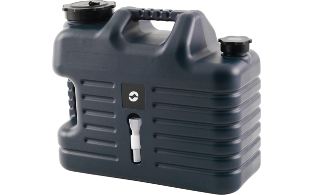 Dunkelgrauer rechteckiger Kunststoffkanister mit Tragegriff oben, zwei Schraubverschlüssen, weißem Zapfhahn vorne, kleinem quadratischem Logo und horizontalen Rillen
