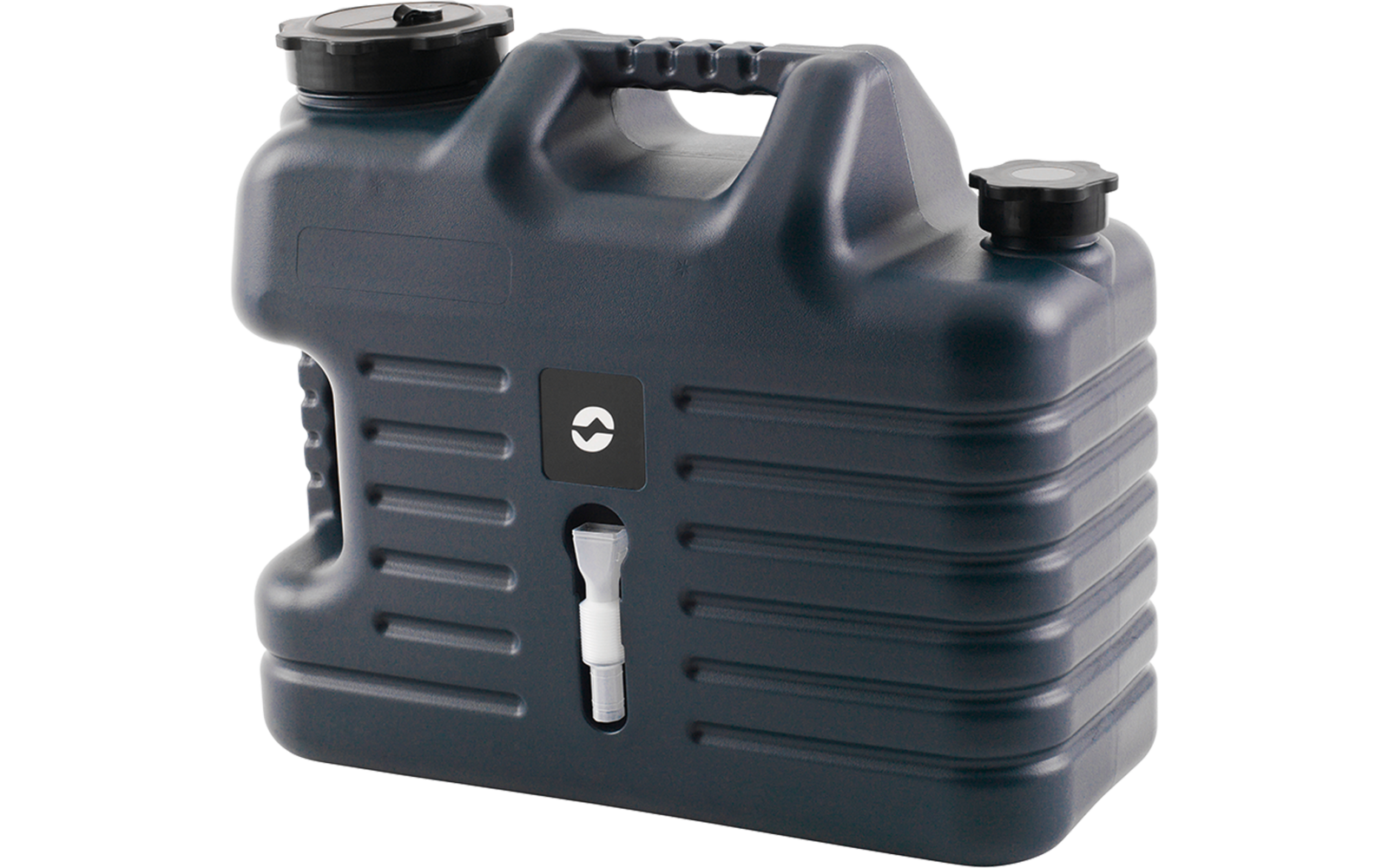 Dunkelgrauer rechteckiger Kunststoffkanister mit Tragegriff oben, zwei Schraubverschlüssen, weißem Zapfhahn vorne, kleinem quadratischem Logo und horizontalen Rillen