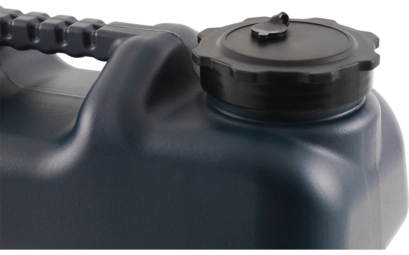 Dunkelblauer Kunststoffkanister, Nahaufnahme von Schraubdeckel und Tragegriff