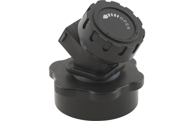 Schwarzes Kunststoffteil mit rundem, geriffeltem Deckel, weißer Pfeil- und 'OPEN'-Beschriftung, angeschrägtem Verbindungsstück und welliger Basis
