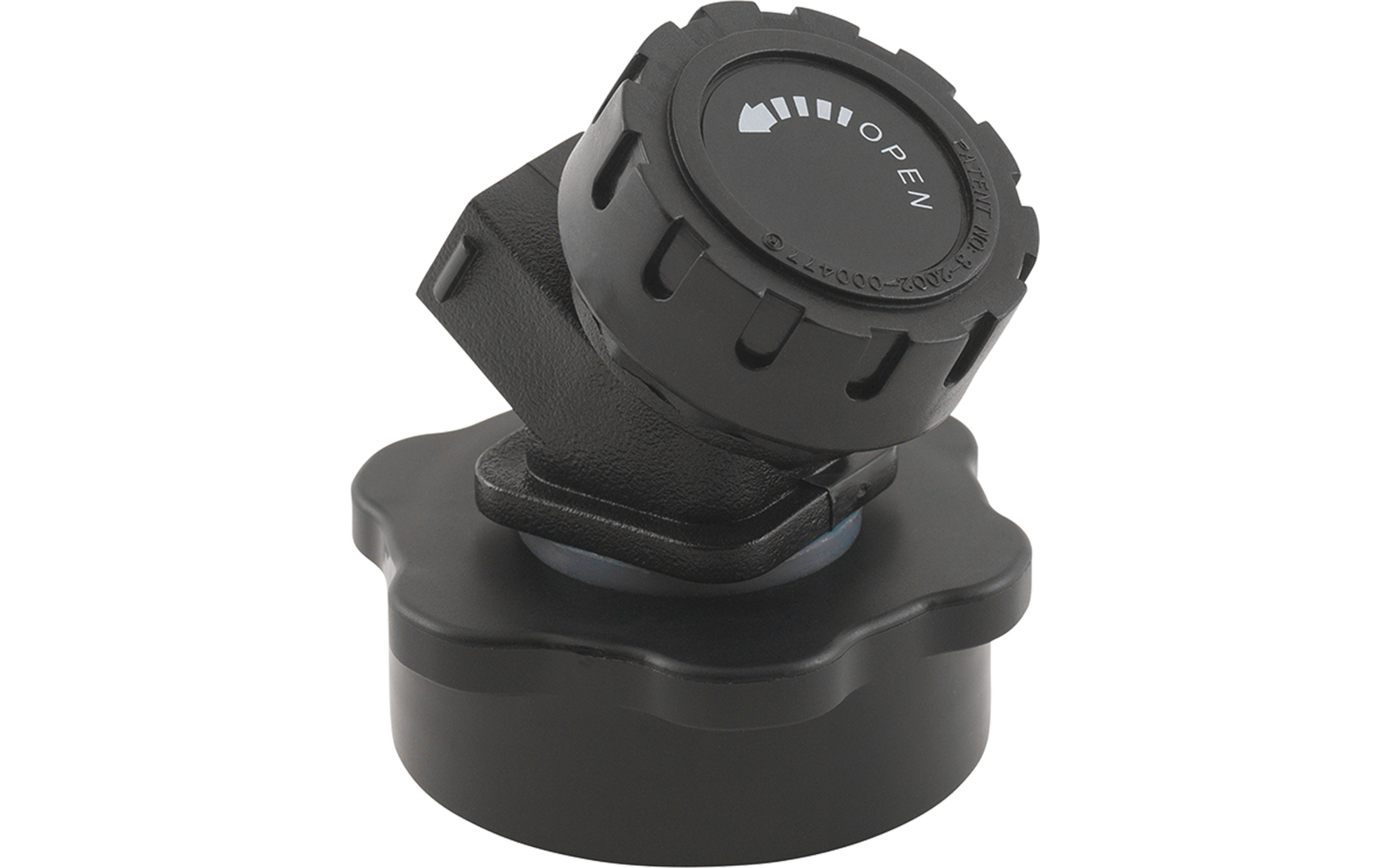 Schwarzes Kunststoffteil mit rundem, geriffeltem Deckel, weißer Pfeil- und 'OPEN'-Beschriftung, angeschrägtem Verbindungsstück und welliger Basis