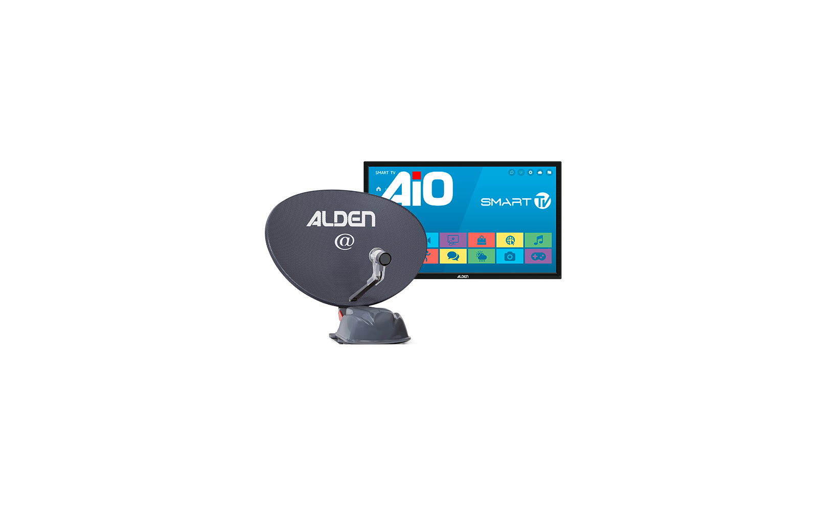 Satellite dish with white lettering "ALDEN" and '@' symbol on a gray mount, next to a flat-screen TV showing a blue banner "AIO SMART TV" and colorful app icons