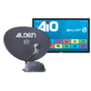 Satellite dish with white lettering "ALDEN" and '@' symbol on a gray mount, next to a flat-screen TV showing a blue banner "AIO SMART TV" and colorful app icons