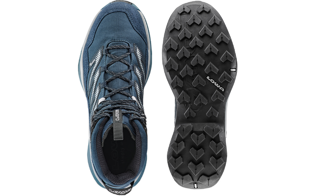 Blauer Wanderschuh mit schwarzer Sohle, Vorder- und Unteransicht