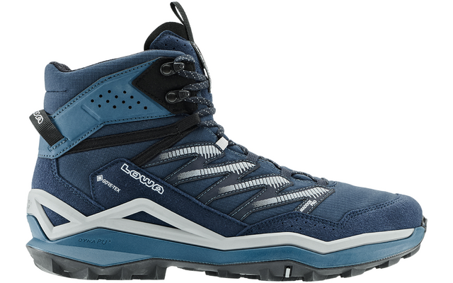 Blauer hoher Sportschuh mit weißen und schwarzen Details